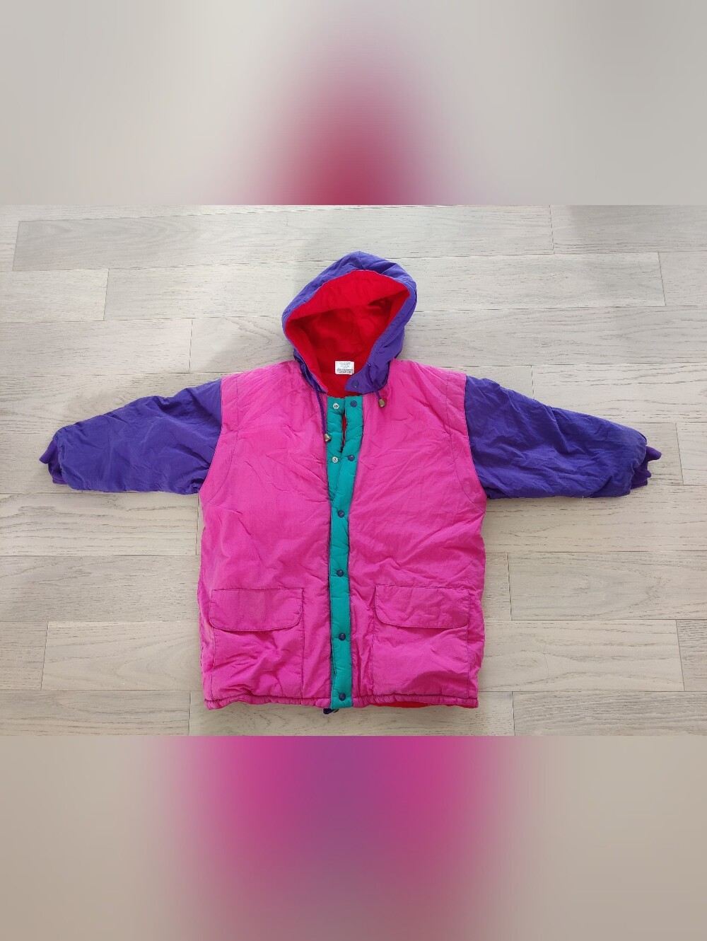 Vintage 90s Kids Colorblock Hooded Winter Jacket - Pink/Purple